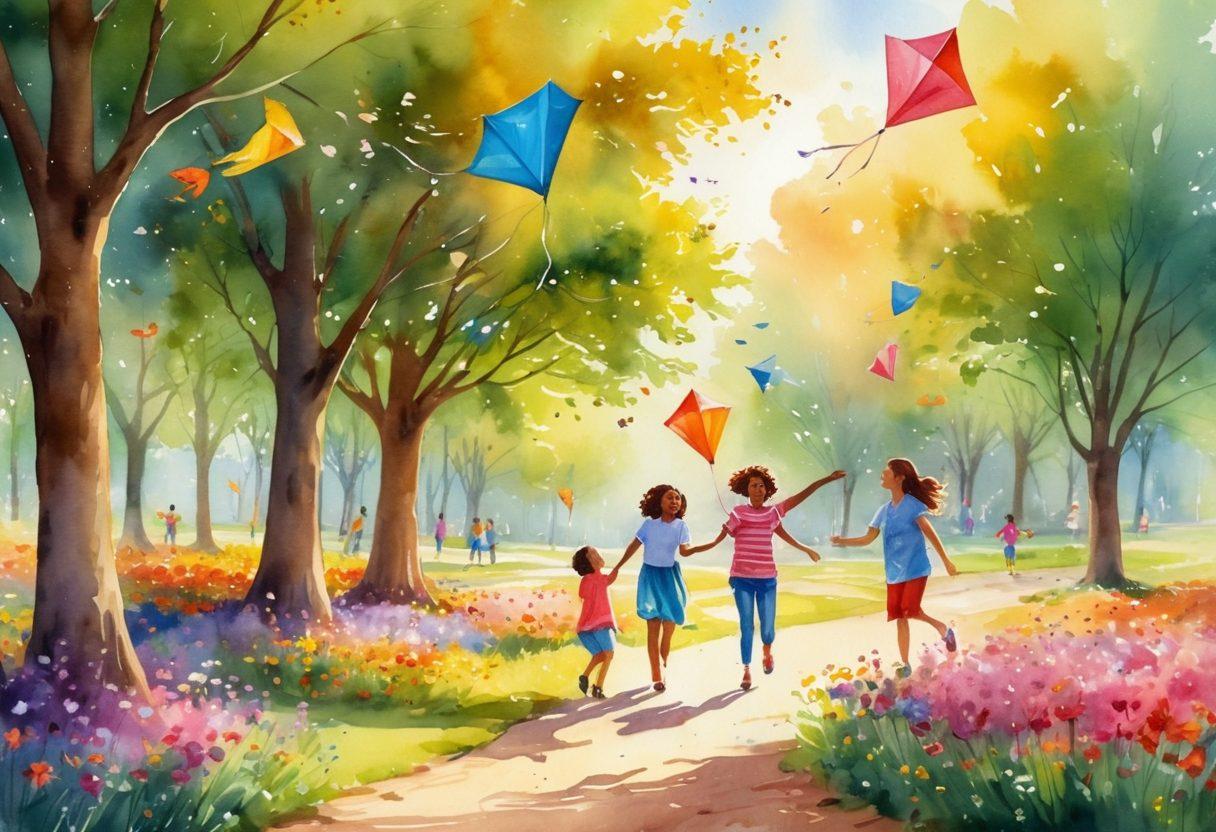 A whimsical scene depicting a diverse group of people laughing joyfully in a sunlit park, surrounded by vibrant flowers and trees, with rays of sunlight creating a warm glow. Include elements of playfulness such as flying kites and children playing, symbolizing contentment and happiness. Artistic touches like soft brush strokes and bright, cheerful colors to enhance the uplifting atmosphere. watercolor painting. vibrant colors. dreamy background.