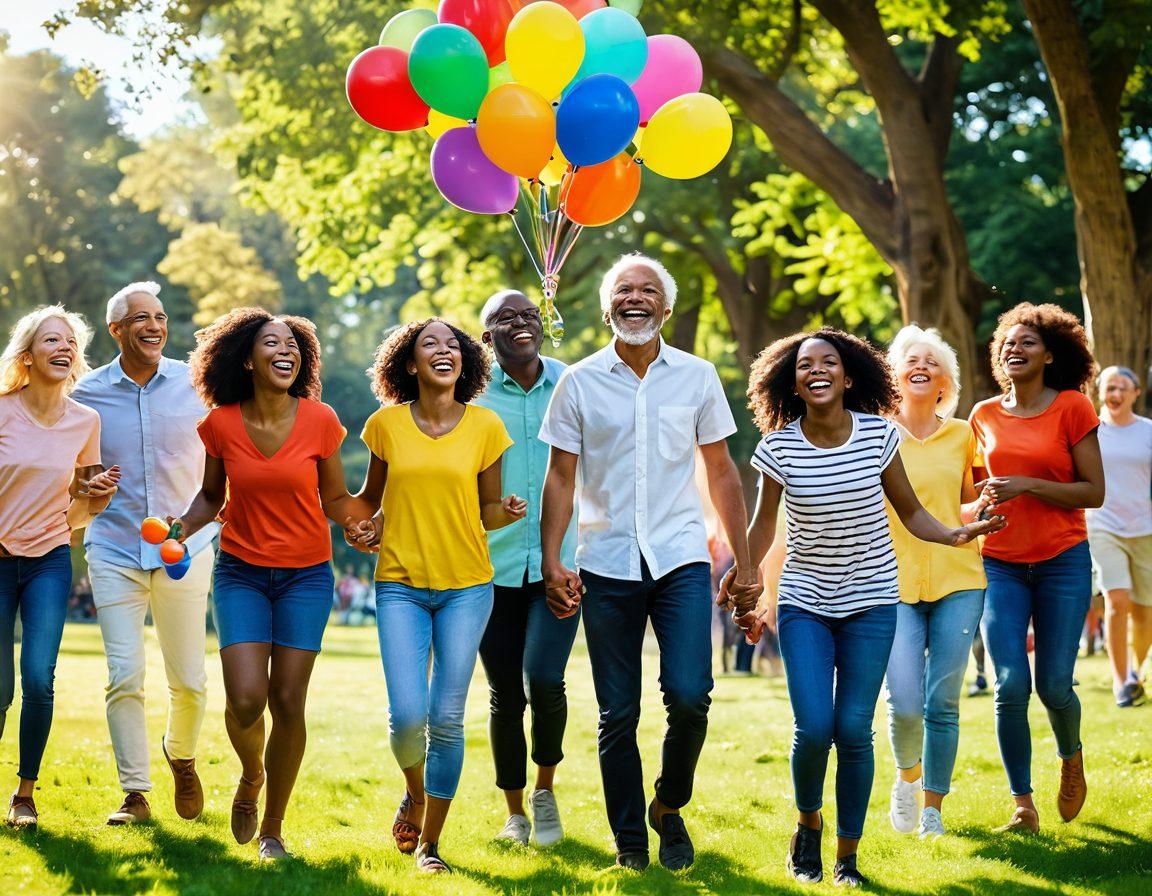 A vibrant scene of diverse people of various ages and backgrounds, all laughing joyfully together in a sunlit park, showcasing bright smiles and gleeful expressions. Surrounding them are colorful balloons and playful animals, reflecting the power of positivity. The sunlight filters through lush green trees, illuminating their happiness. The overall mood is uplifting and contagious. bright colors. cheerful atmosphere. super-realistic.