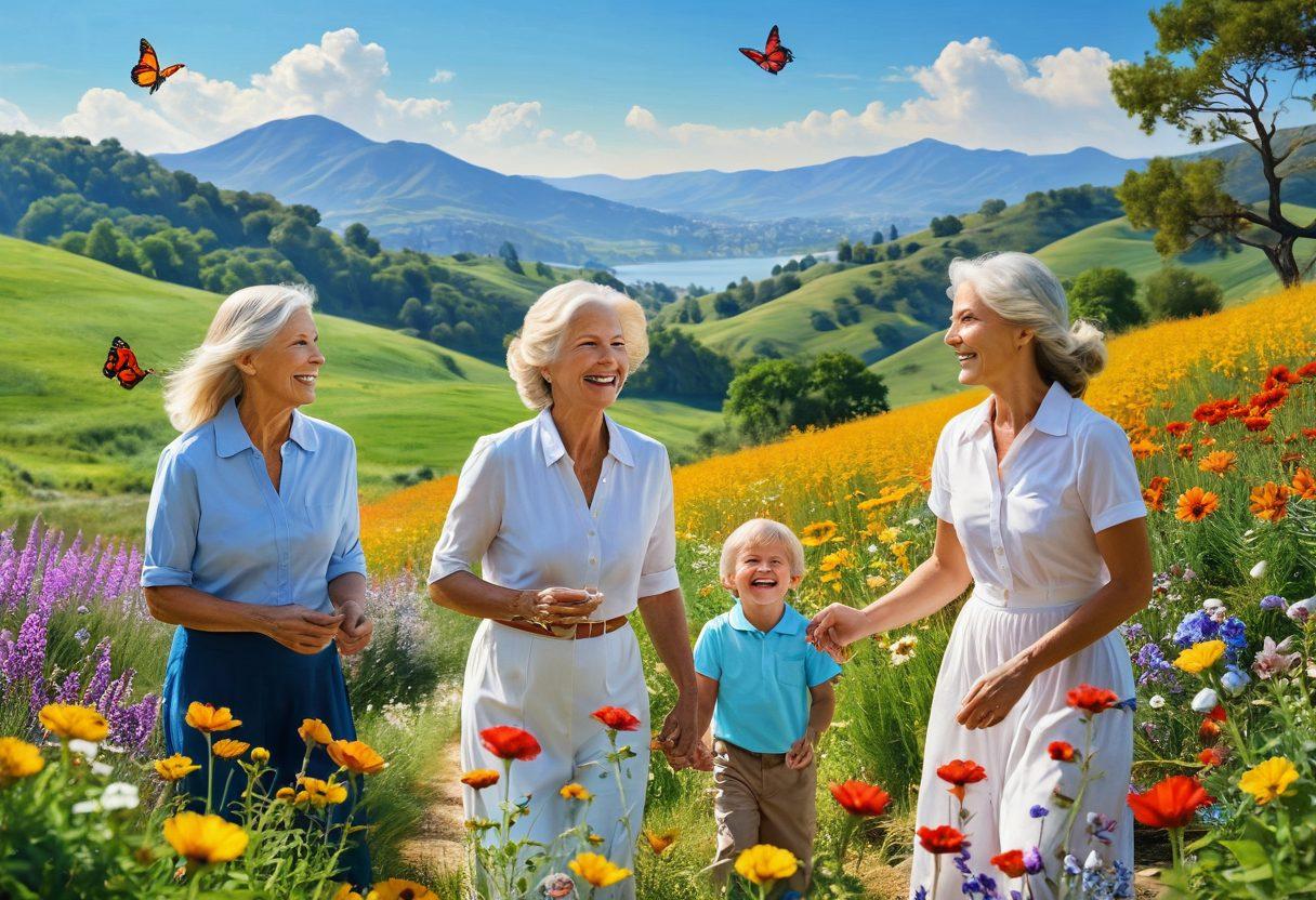 A serene landscape featuring diverse people of various ages and backgrounds sharing joyful moments, surrounded by vibrant flowers and soft sunlight. Emphasize the laughter and cheerful expressions, with a backdrop of rolling hills and a clear blue sky. Incorporate elements of nature like birds and butterflies symbolizing happiness. The overall mood should be bright and uplifting, inviting viewers to feel a sense of bliss. vibrant colors. super-realistic.